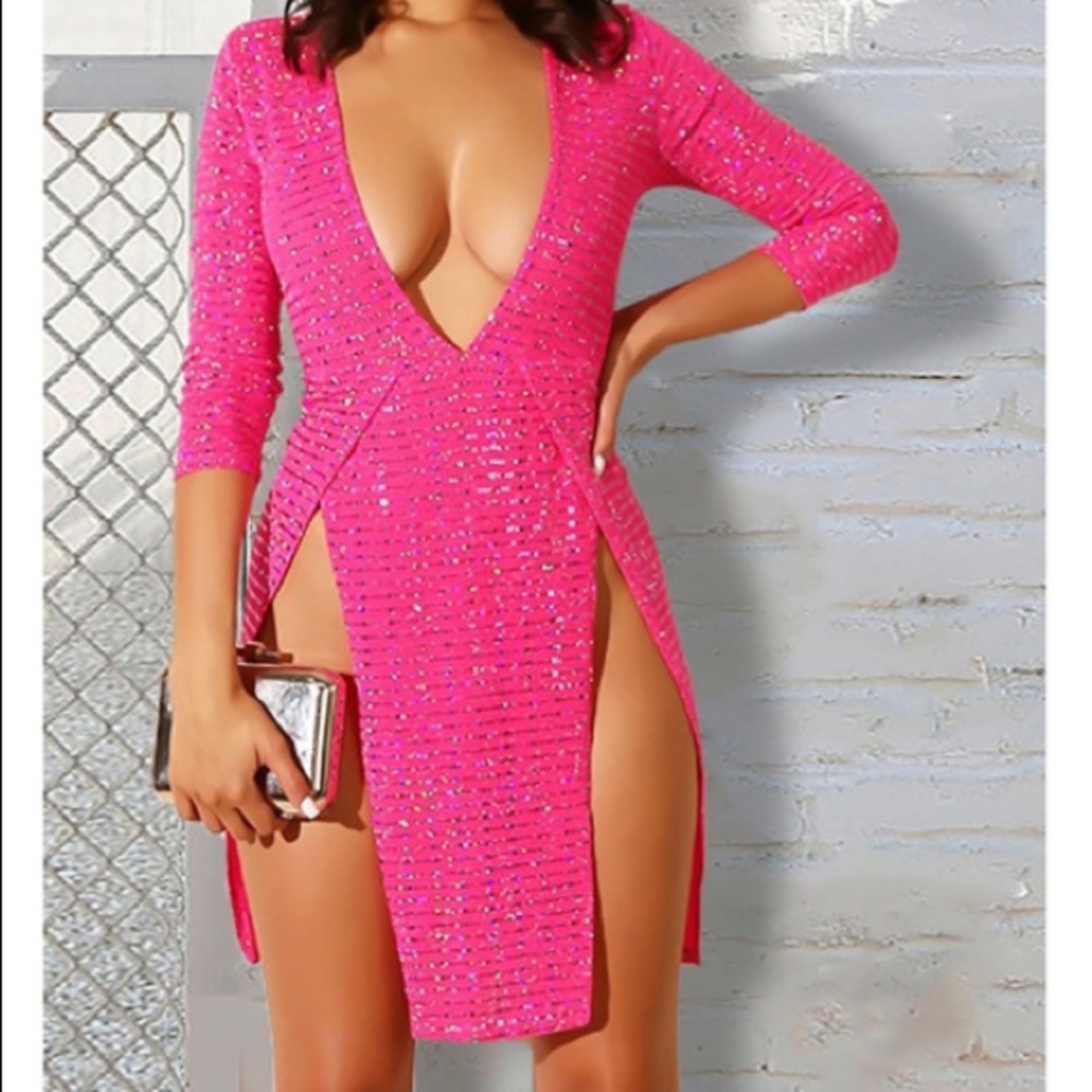Pink Double Slit Deep V - Neck Dress